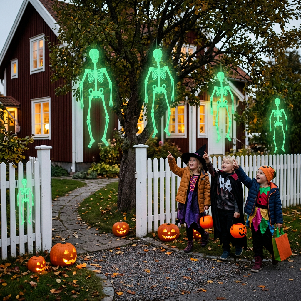 Glowing skeletons in a front garden with trick-or-treaters
