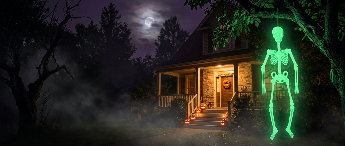 Glowing skeleton hanging from a tree on Halloween night