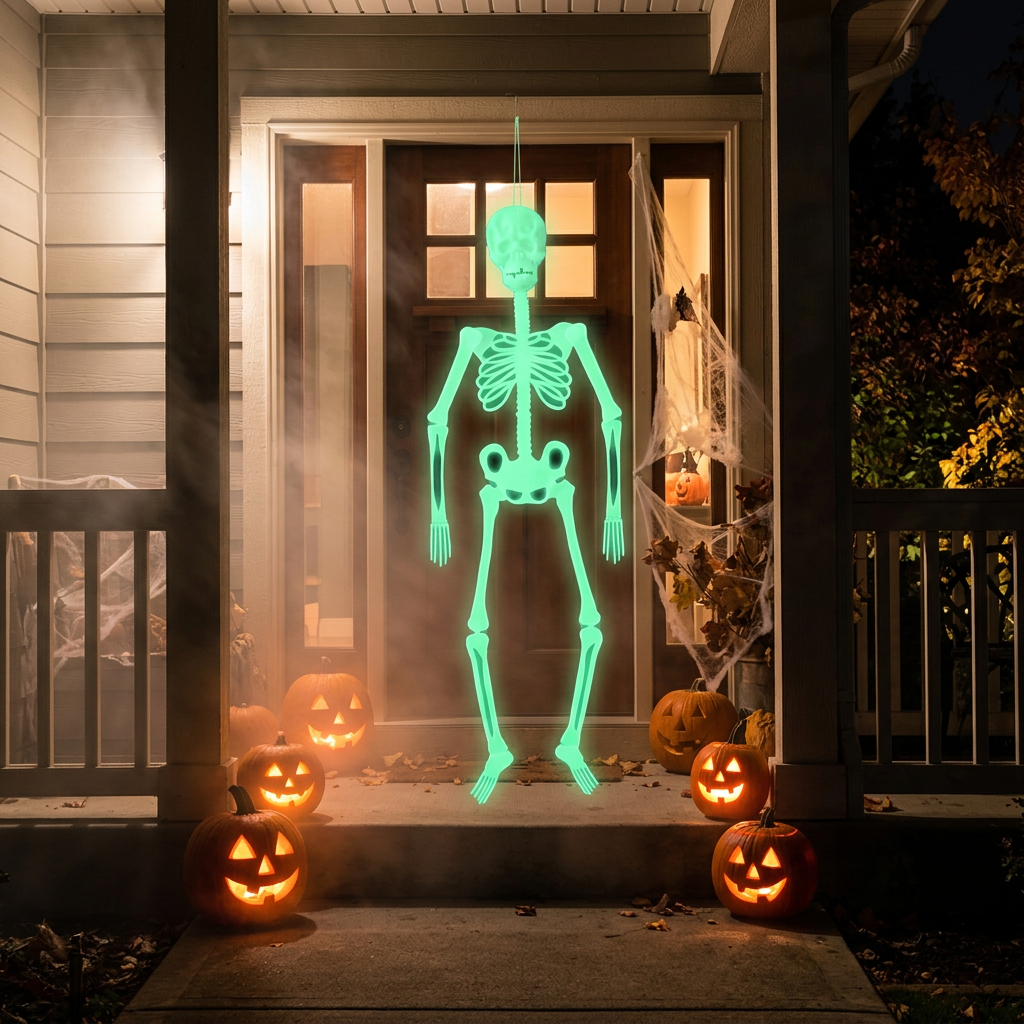 Glow-in-the-dark hanging skeleton on a front door at night with pumpkins