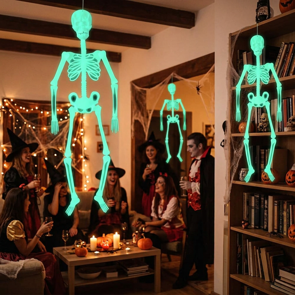 Glowing skeletons decorating a Halloween house party